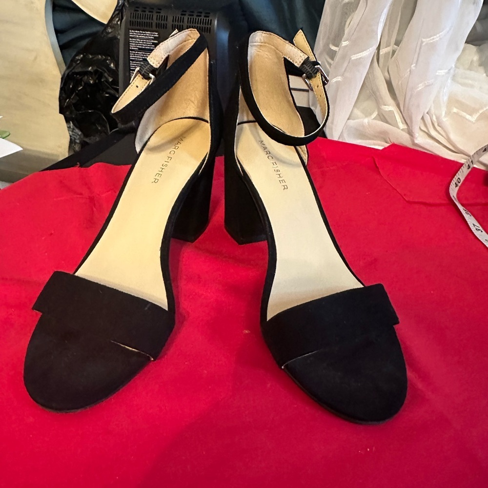 Marc Fisher Black Suede Ankle-Strap Block Heel Sandals